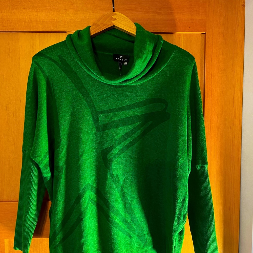 Marble Kelly Green Cowl Neck Sweater star design on front